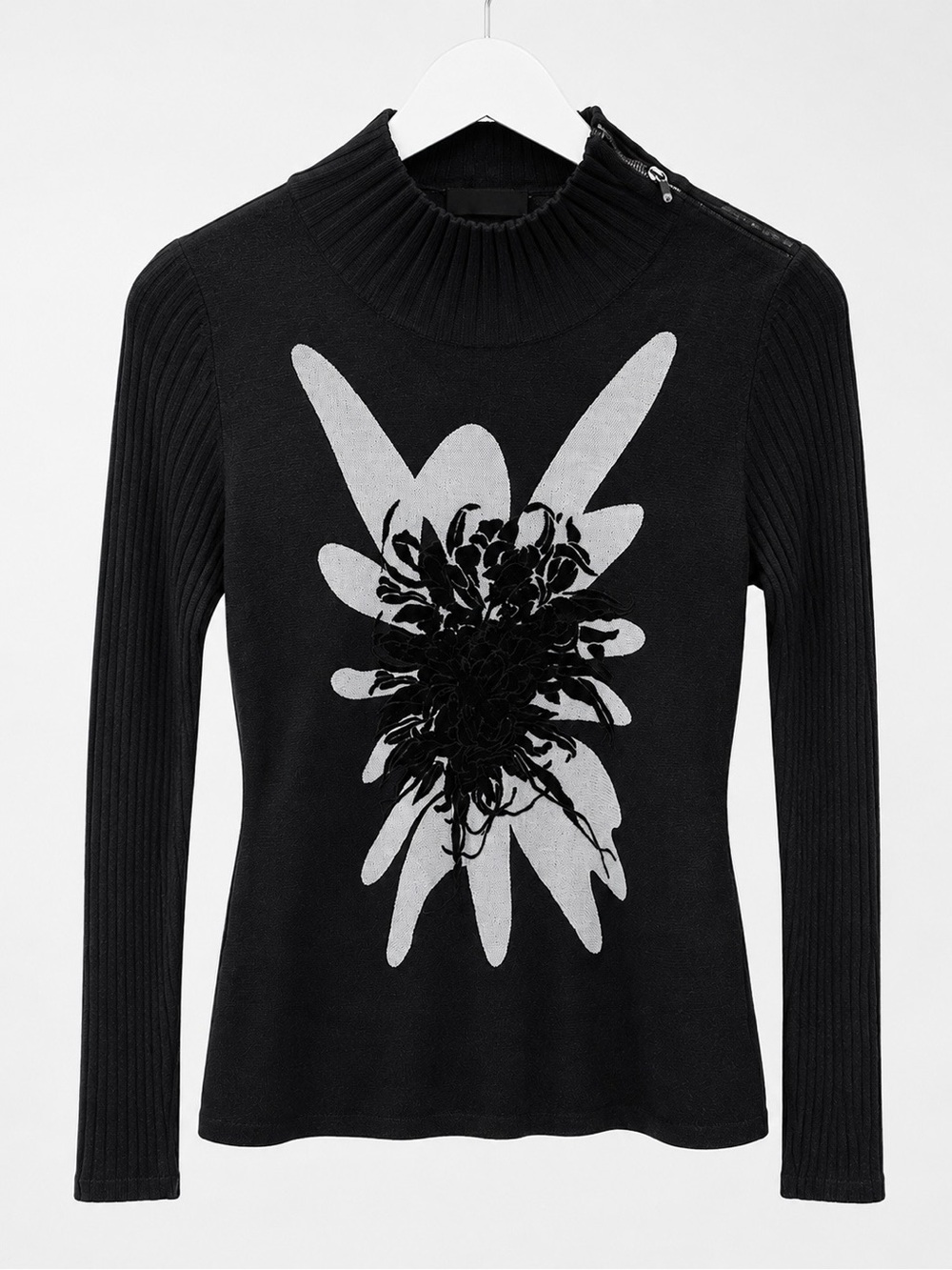 BCBGMaxAzria Black Long Sleeve Mock Neck Top with Gray Floral Motif